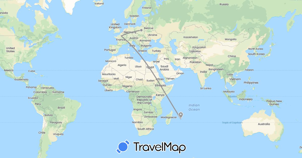 TravelMap itinerary: driving, plane in France, Mauritius, Poland (Africa, Europe)